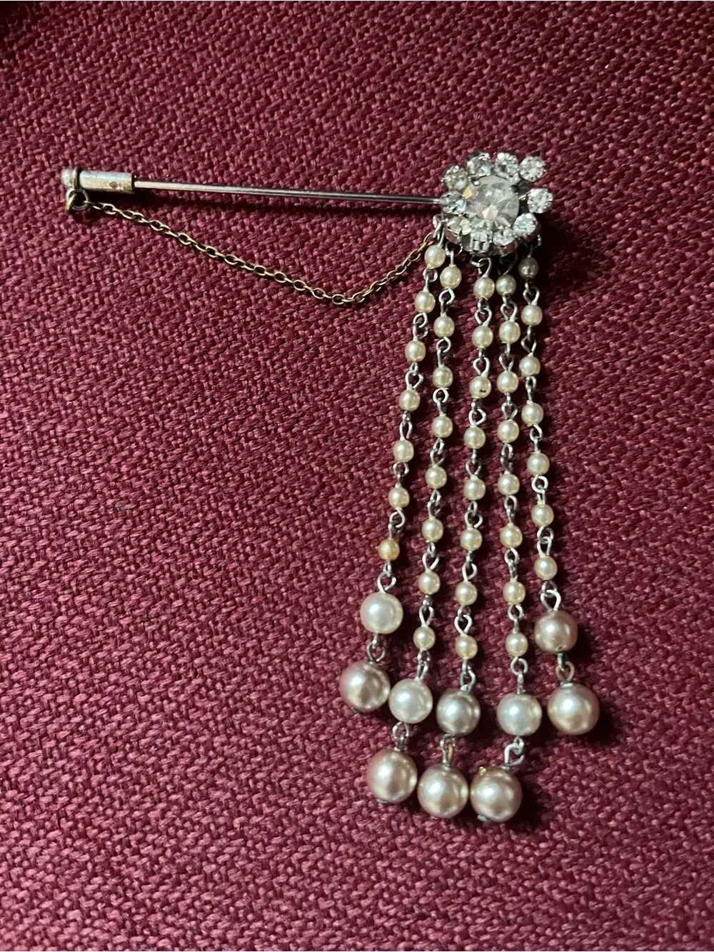 Vintage Italian Silver Tone Hanging Faux Pearls rhinestones Brooch Hat Pin